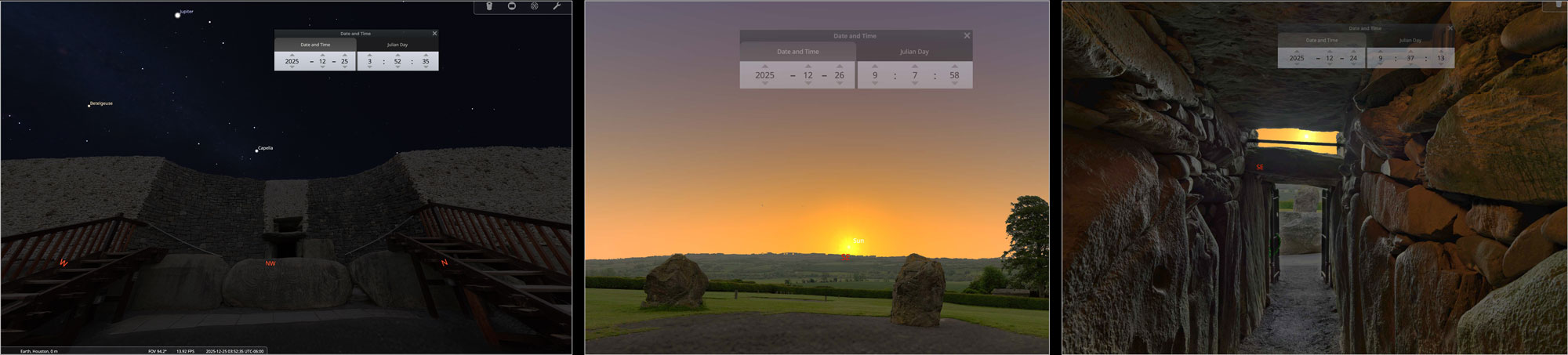 Stellarium screenshots of Newgrange landscape models. Left: night view, facing entrance. Middle: exterior solstice sunrise facing away from entrance. Right: interior solstice sunrise view.